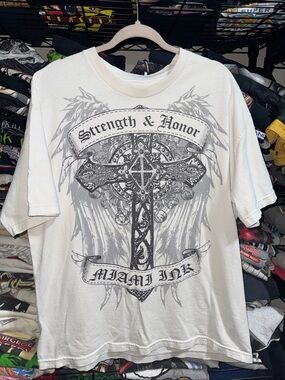 Y2K Miami Ink Strength And Honor Cross Grunge Shirt Size Xl
